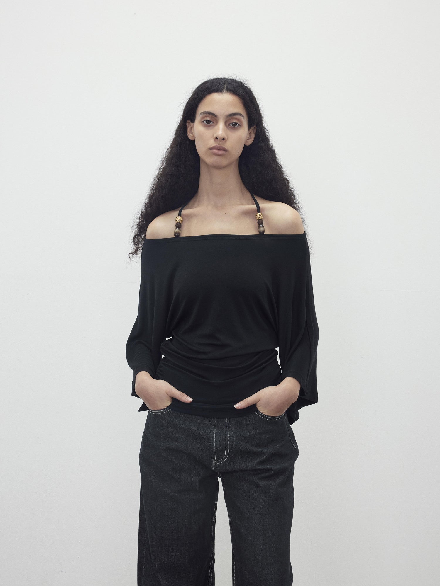 AFTADAWN Merino Wool Beaded Off Shoulder Layered Top