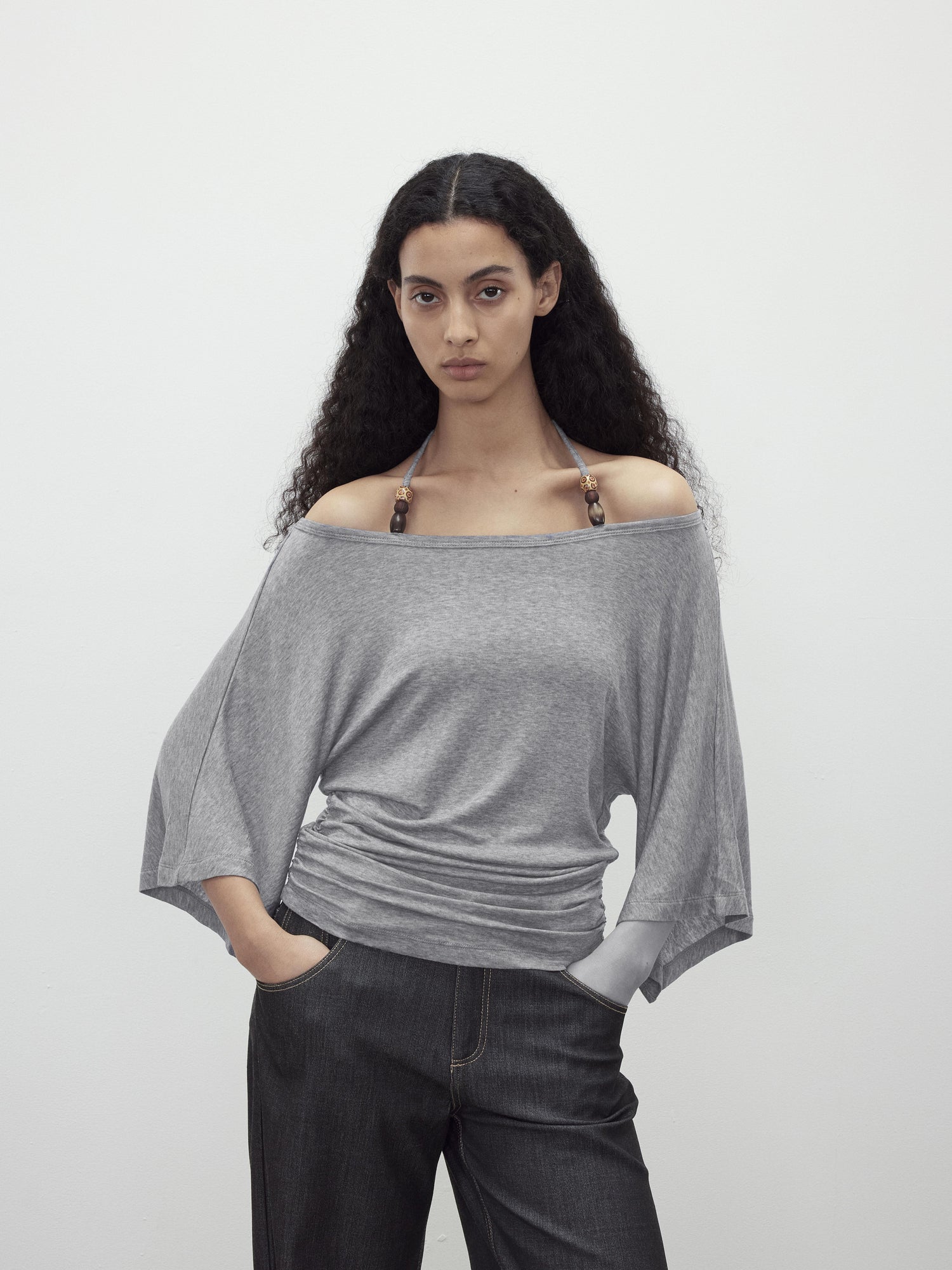AFTADAWN Merino Wool Beaded Off Shoulder Layered Top