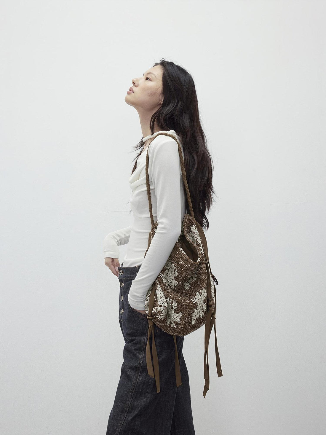 AFTADAWN Mesh Beaded Fringe Tote With 3D Pattern