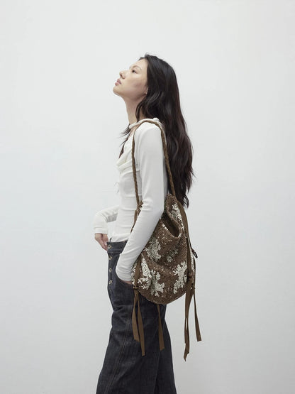 Mesh Beaded Fringe Tote With 3D Pattern