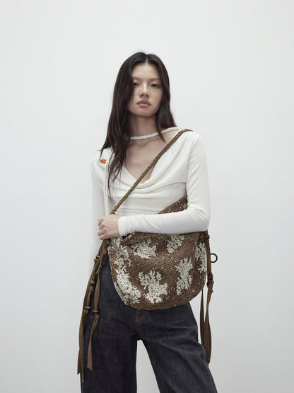 AFTADAWN Mesh Beaded Fringe Tote With 3D Pattern