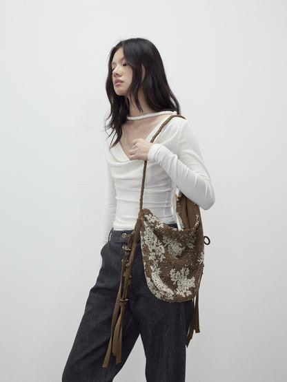 AFTADAWN Mesh Beaded Fringe Tote With 3D Pattern
