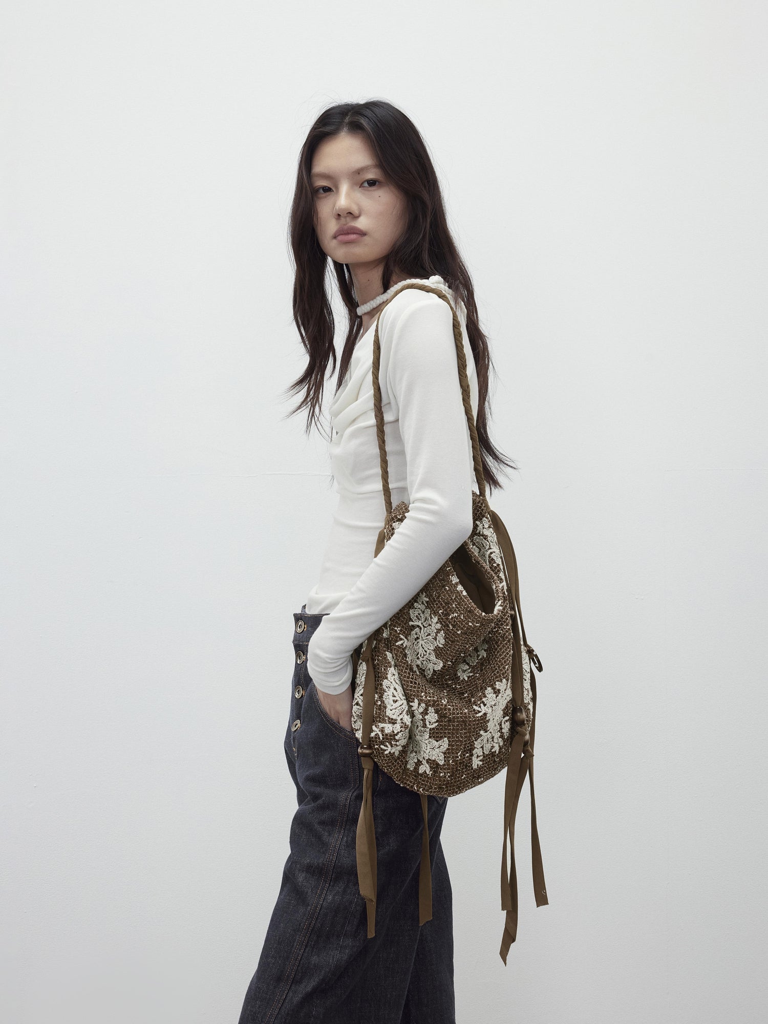 AFTADAWN Mesh Beaded Fringe Tote With 3D Pattern
