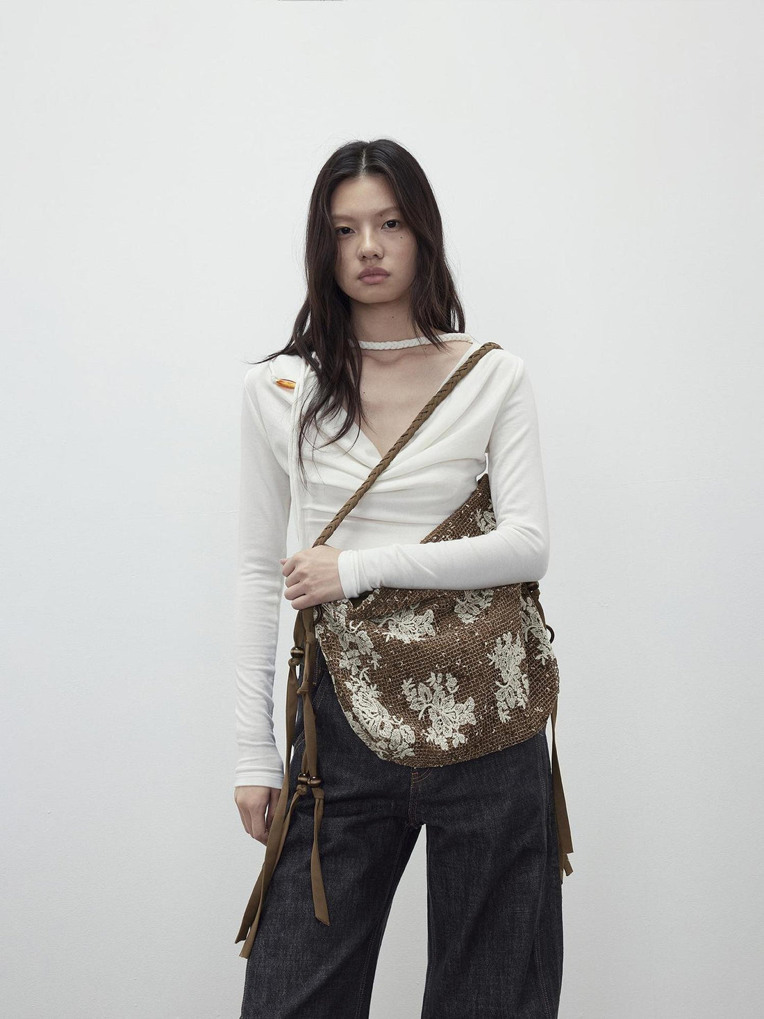 AFTADAWN Mesh Beaded Fringe Tote With 3D Pattern