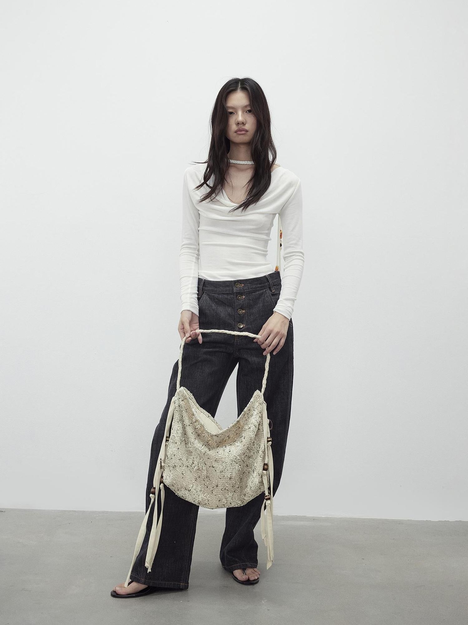 AFTADAWN Mesh Beaded Fringe Tote With 3D Pattern