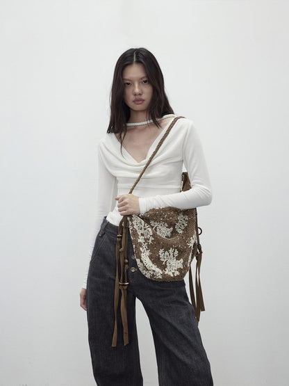 AFTADAWN Mesh Beaded Fringe Tote With 3D Pattern