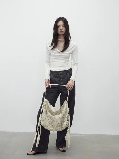 Mesh Beaded Fringe Tote With 3D Pattern