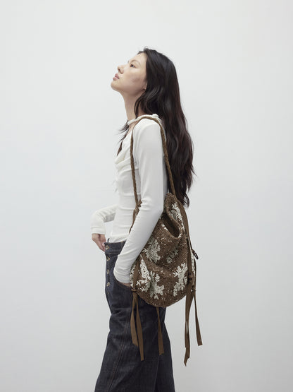 AFTADAWN Mesh Beaded Fringe Tote With 3D Pattern