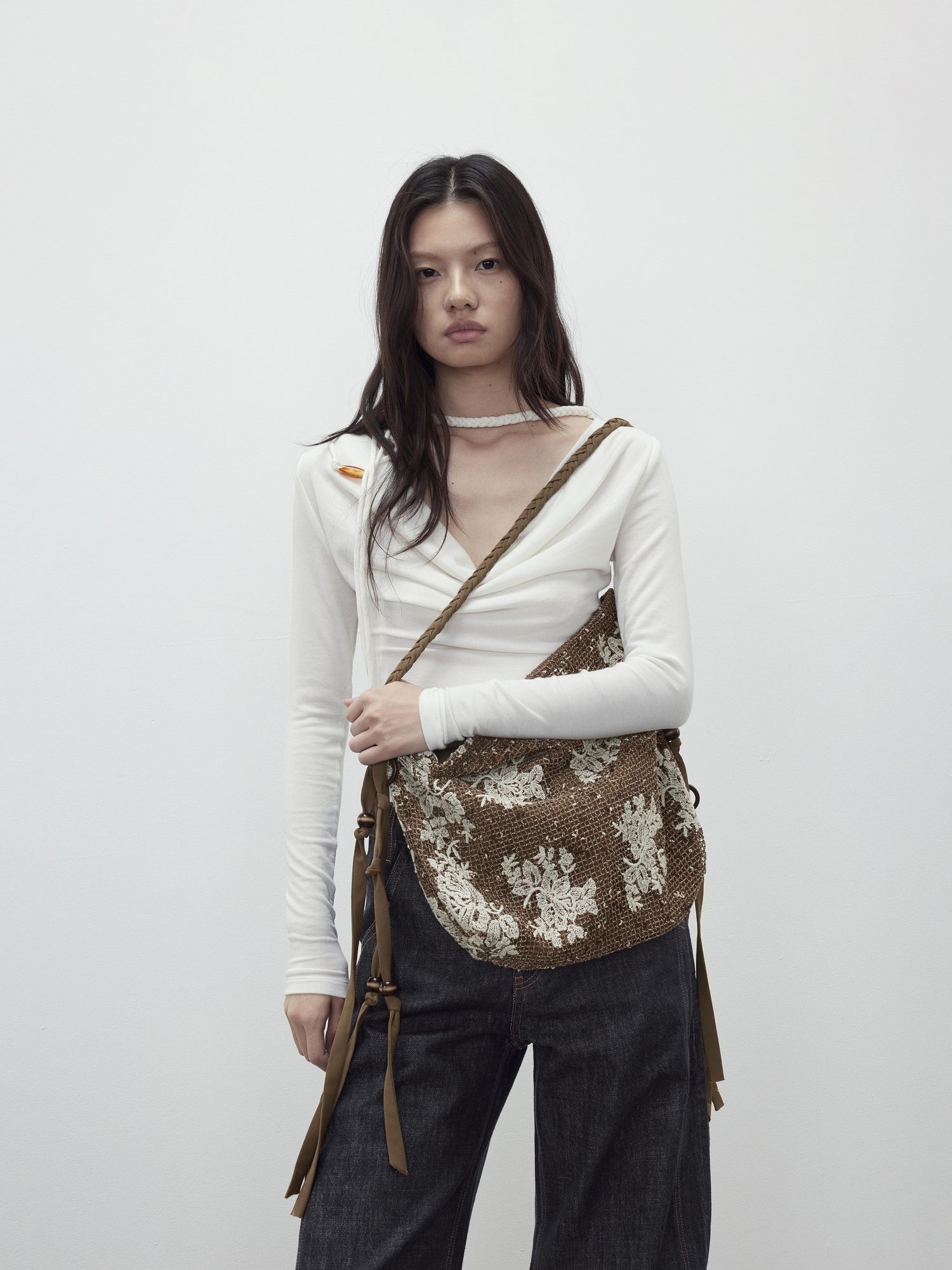 AFTADAWN Mesh Beaded Fringe Tote With 3D Pattern