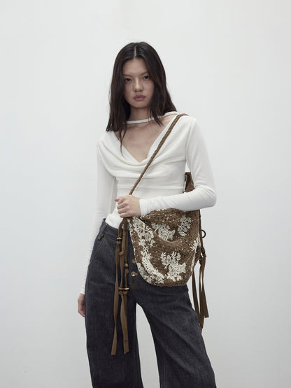 AFTADAWN Mesh Beaded Fringe Tote With 3D Pattern