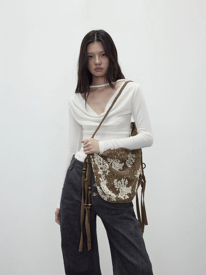 Mesh Beaded Fringe Tote With 3D Pattern