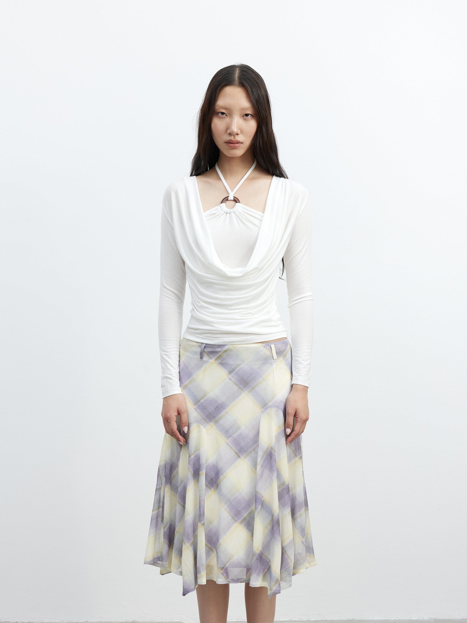 AFTADAWN Mesh Colorblock Check Asymmetric A Line Printed Women&