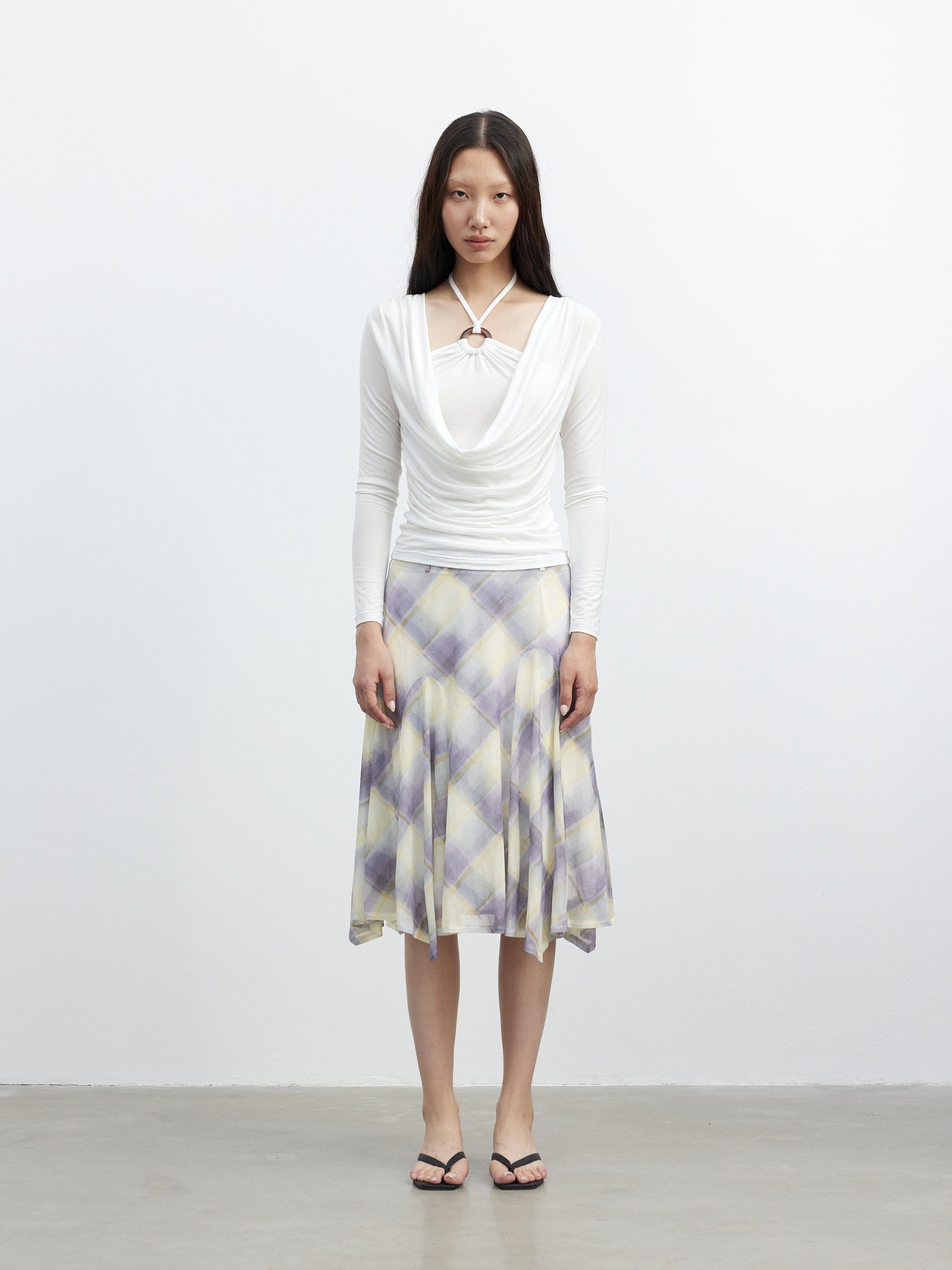 AFTADAWN Mesh Colorblock Check Asymmetric A Line Printed Women&
