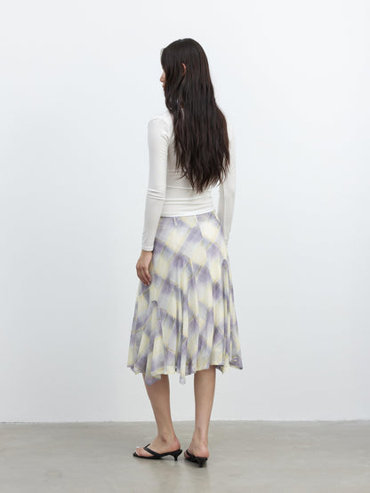 AFTADAWN Mesh Colorblock Check Asymmetric A Line Printed Women&