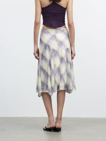 AFTADAWN Mesh Colorblock Check Asymmetric A Line Printed Women&