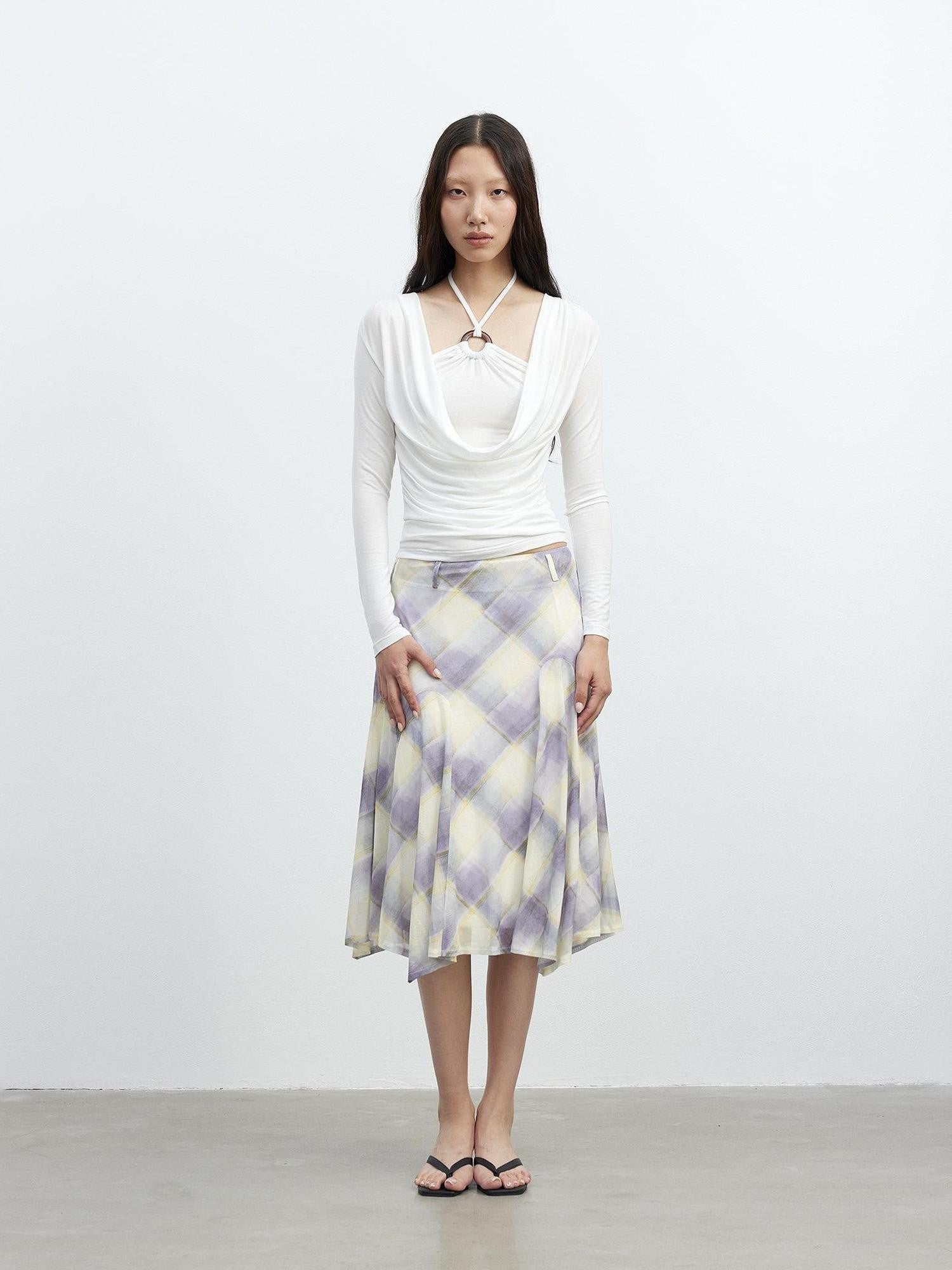 AFTADAWN Mesh Colorblock Check Asymmetric A Line Printed Women&