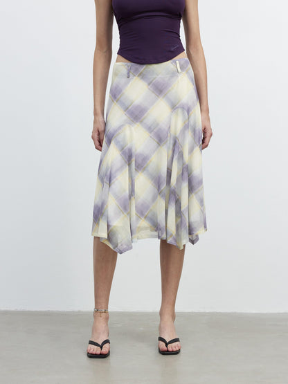 AFTADAWN Mesh Colorblock Check Asymmetric A Line Printed Women&