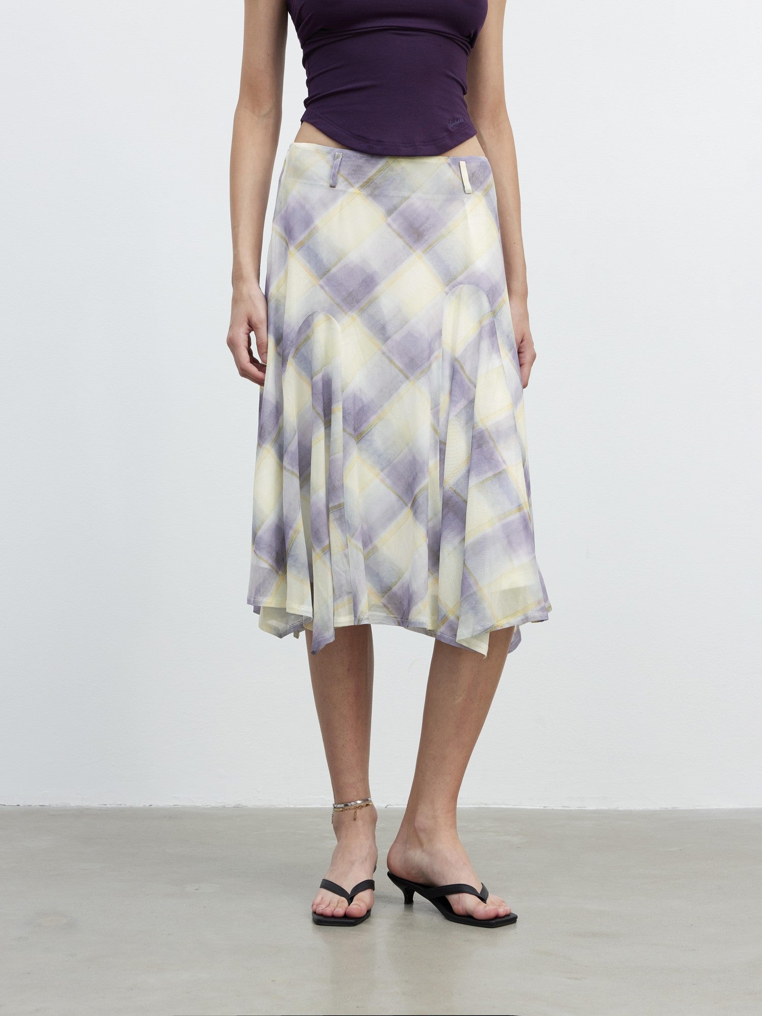 AFTADAWN Mesh Colorblock Check Asymmetric A Line Printed Women&
