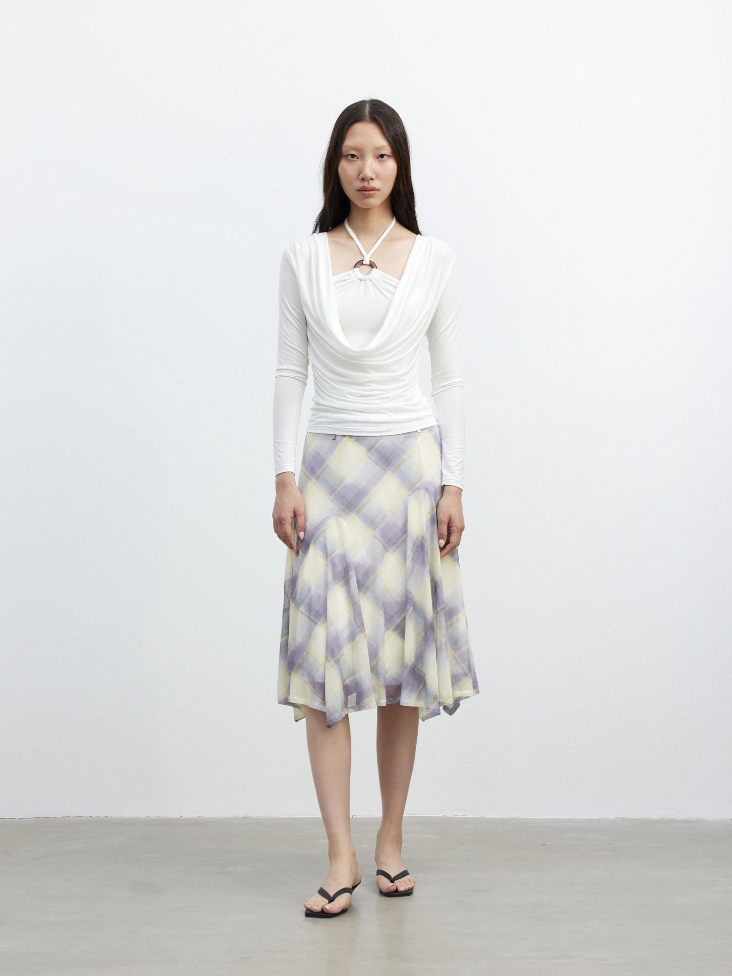 AFTADAWN Mesh Colorblock Check Asymmetric A Line Printed Women&