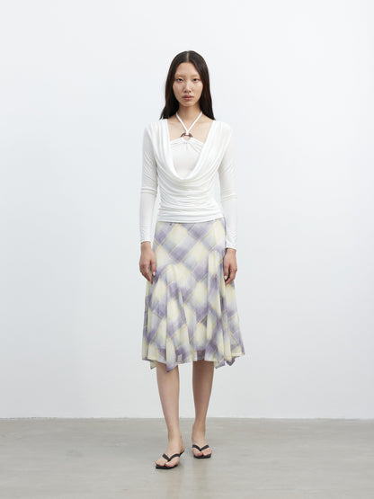 AFTADAWN Mesh Colorblock Check Asymmetric A Line Printed Women&