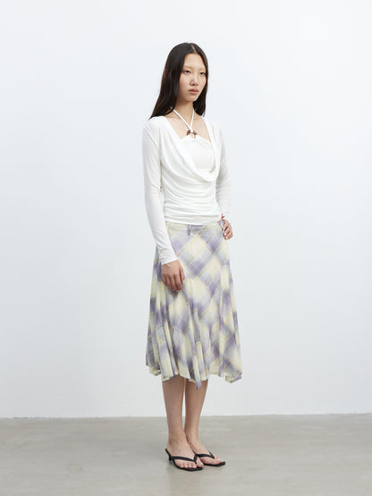 AFTADAWN Mesh Colorblock Check Asymmetric A Line Printed Women&