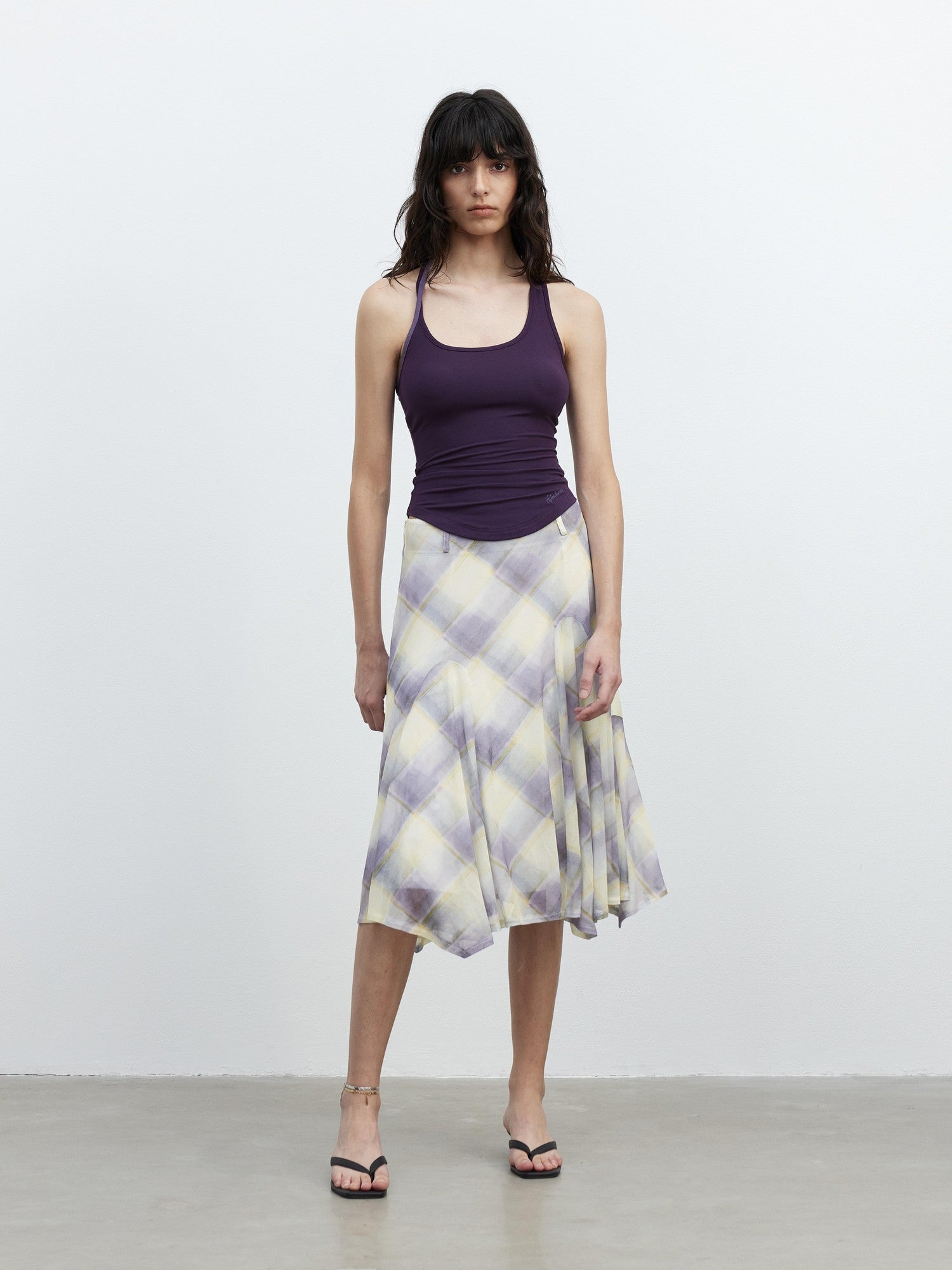 AFTADAWN Mesh Colorblock Check Asymmetric A Line Printed Women&