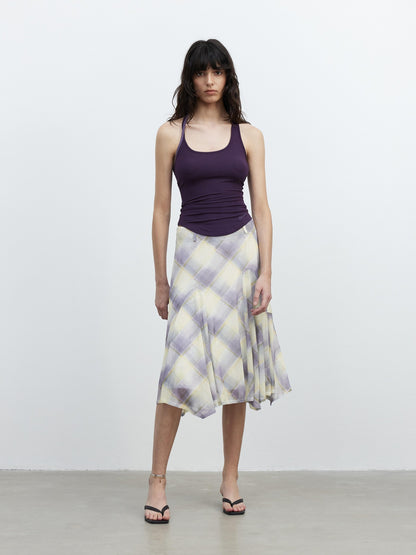 AFTADAWN Mesh Colorblock Check Asymmetric A Line Printed Women&