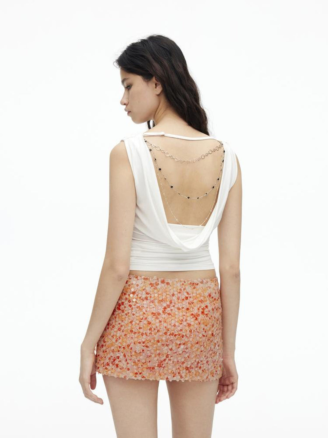 AFTADAWN Mesh Glitter Low Waist Skirt With Lining