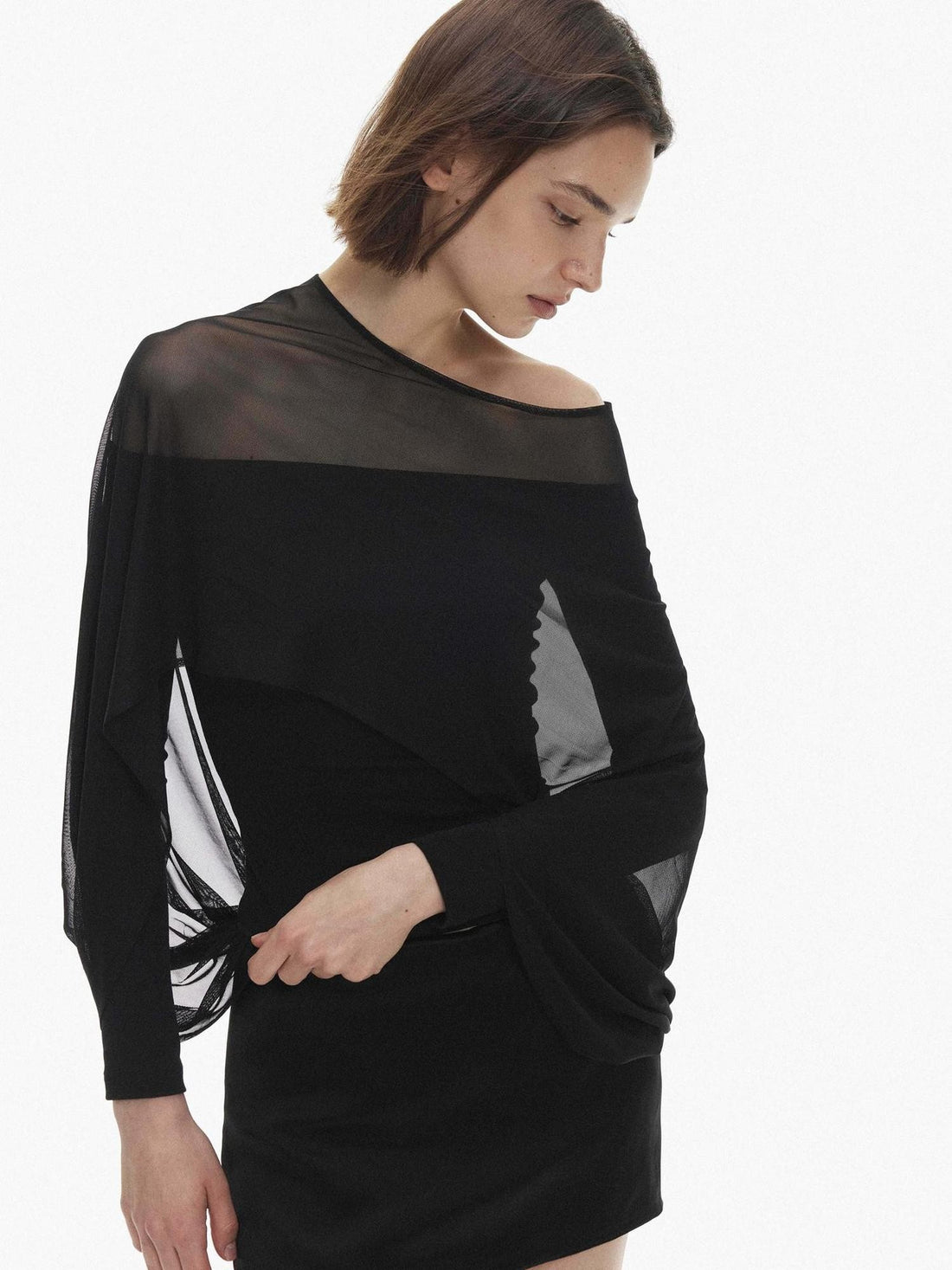 AFTADAWN Mesh Off Shoulder Lantern Sleeve Faux Two Piece Women&
