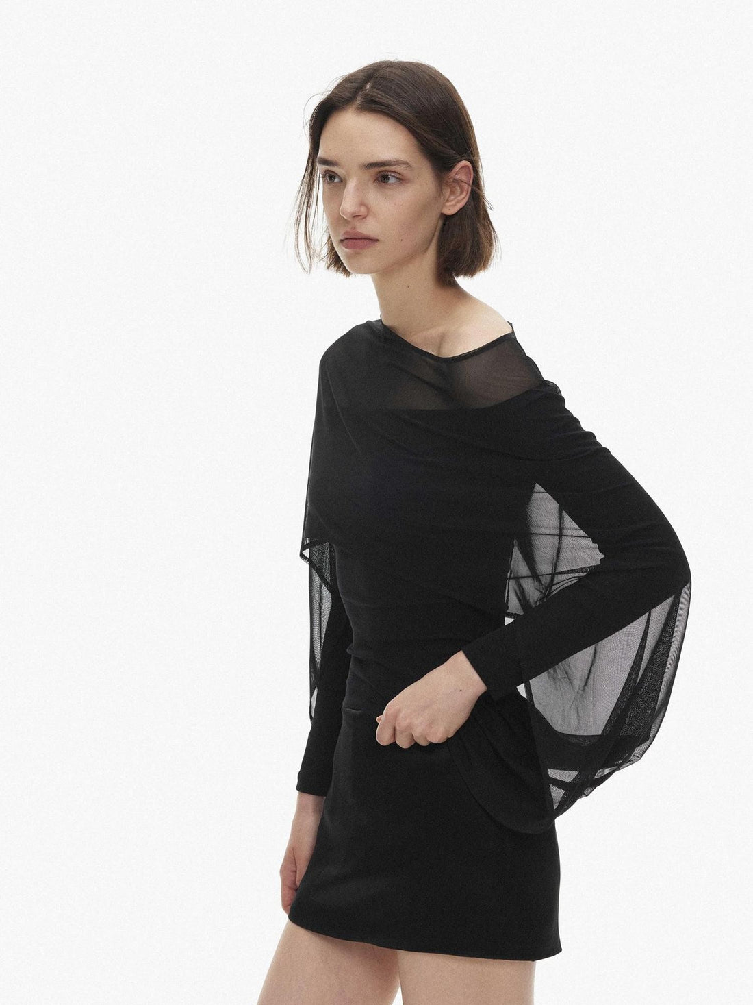 AFTADAWN Mesh Off Shoulder Lantern Sleeve Faux Two Piece Women&