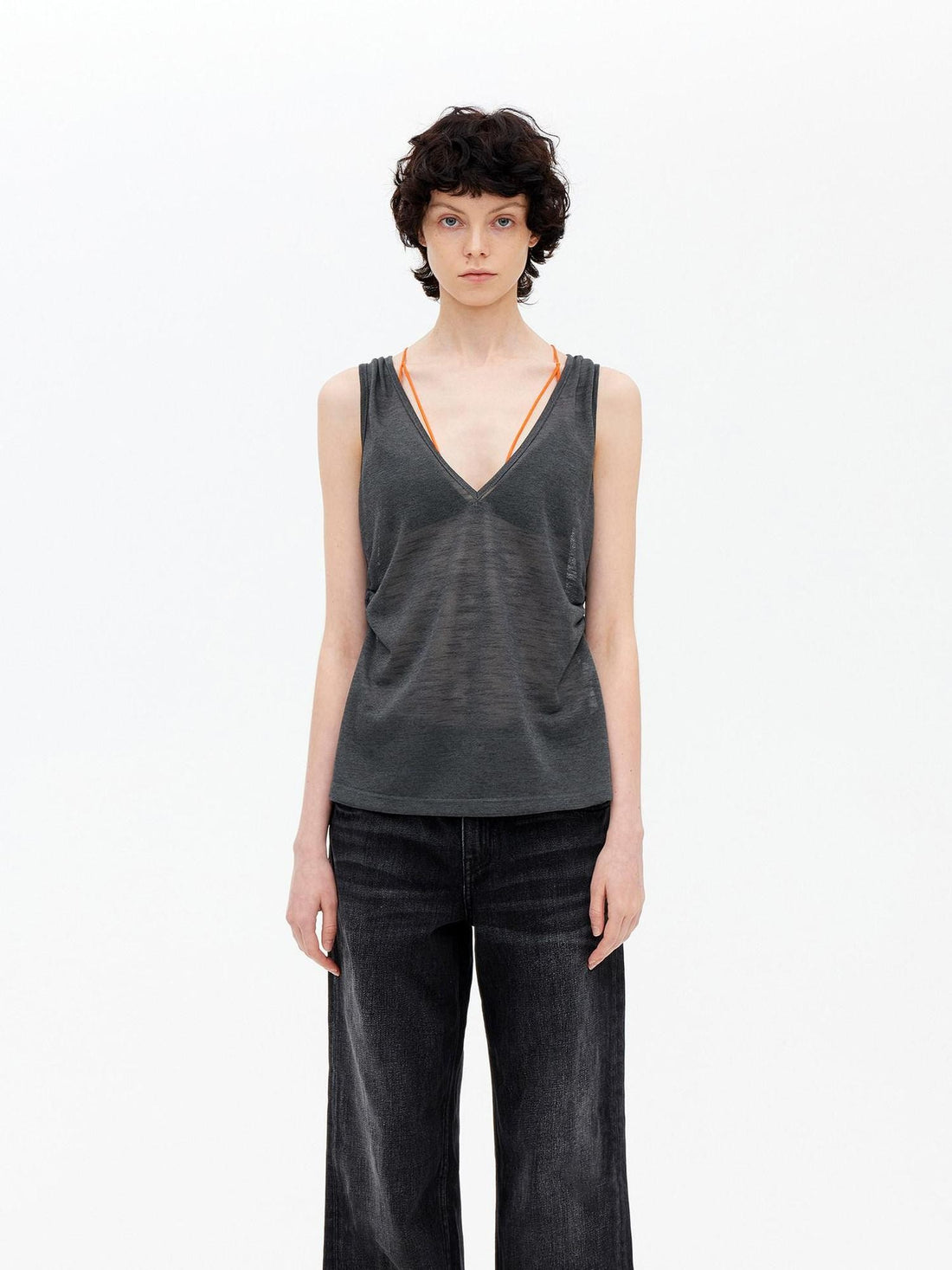 AFTADAWN Micro Sheer Hollow Knit Ruched Deep V Women&