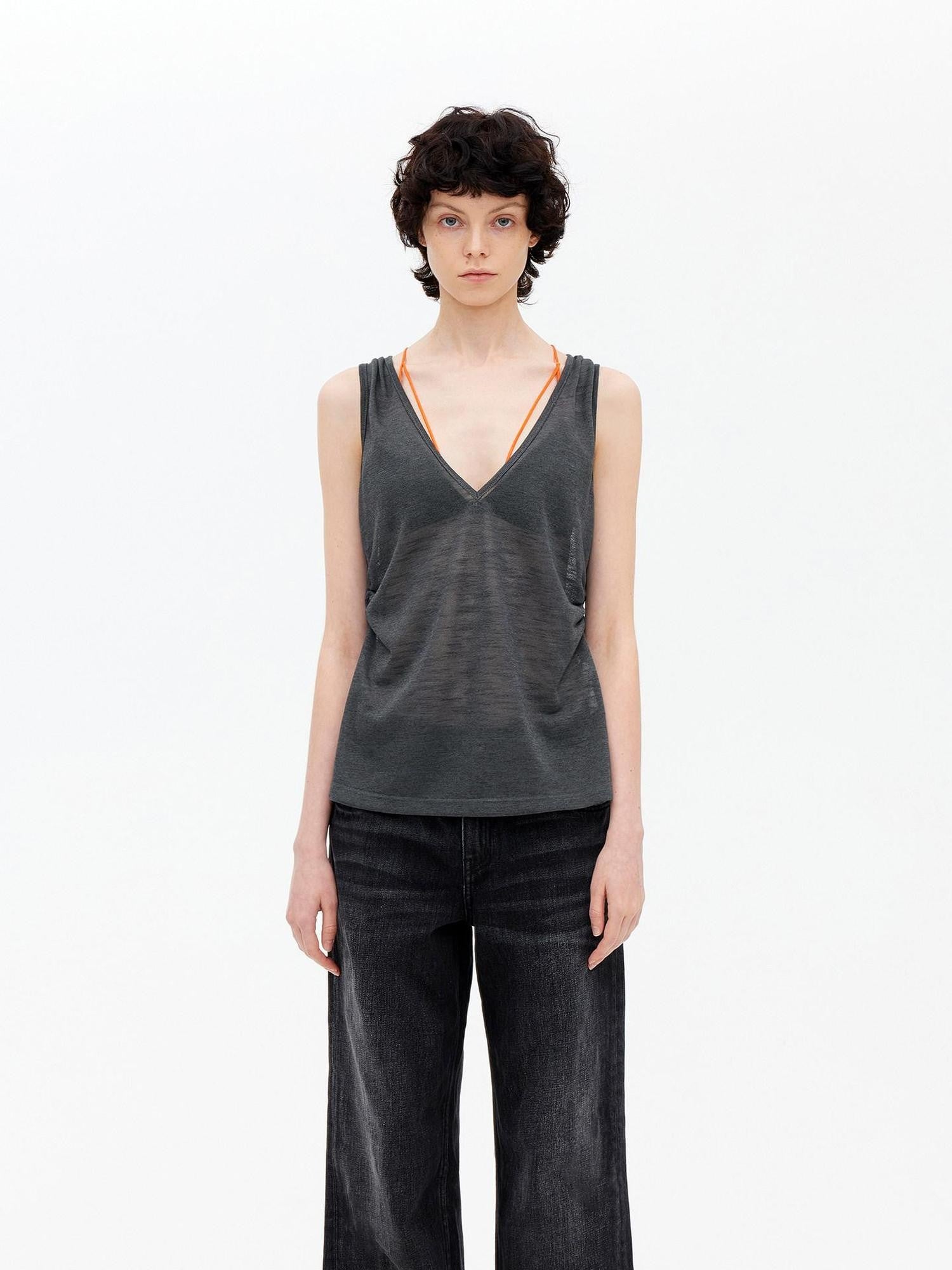 AFTADAWN Micro Sheer Hollow Knit Ruched Deep V Women&