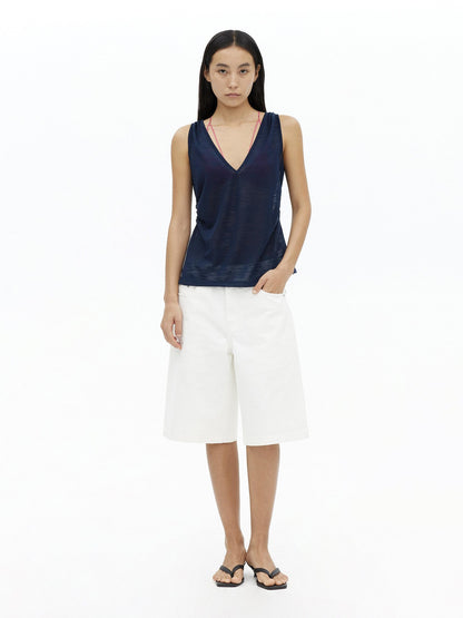 AFTADAWN Micro Sheer Hollow Knit Ruched Deep V Women&