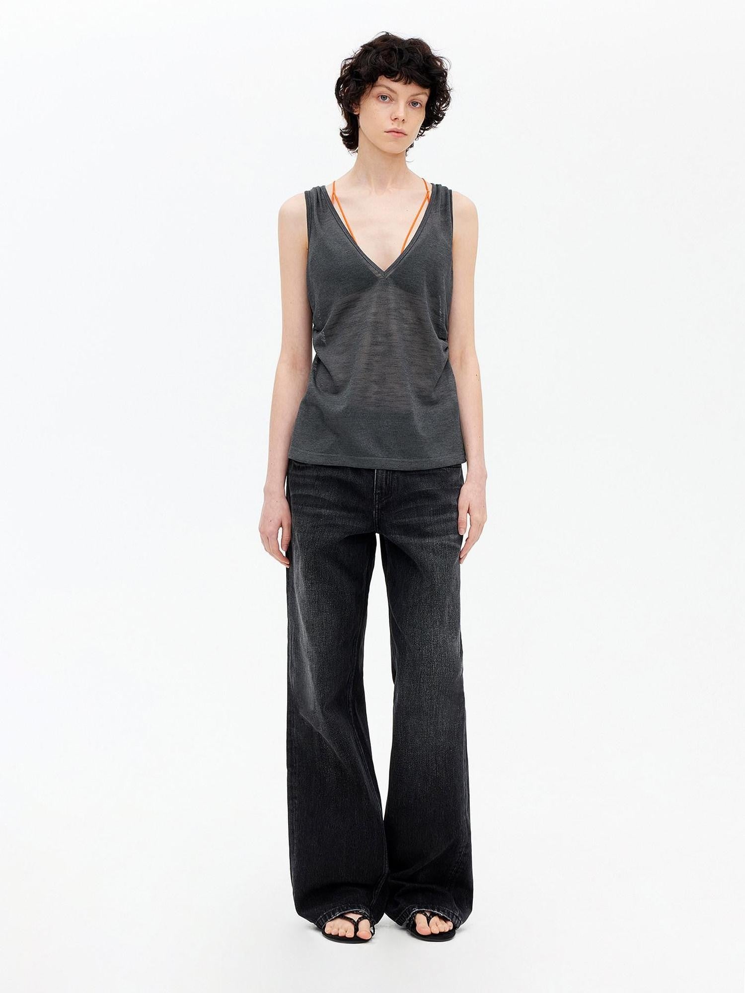 AFTADAWN Micro Sheer Hollow Knit Ruched Deep V Women&