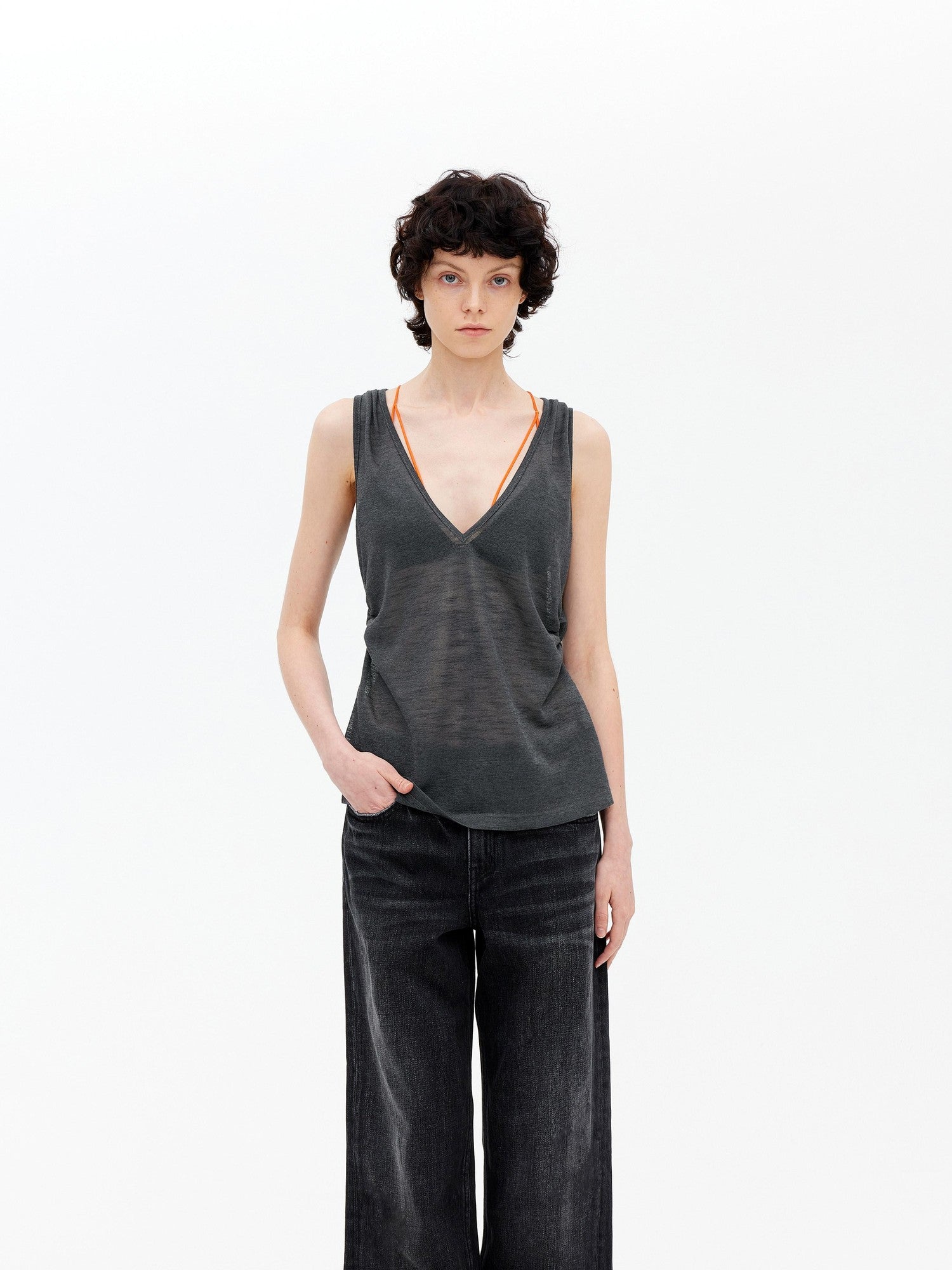 AFTADAWN Micro Sheer Hollow Knit Ruched Deep V Women&