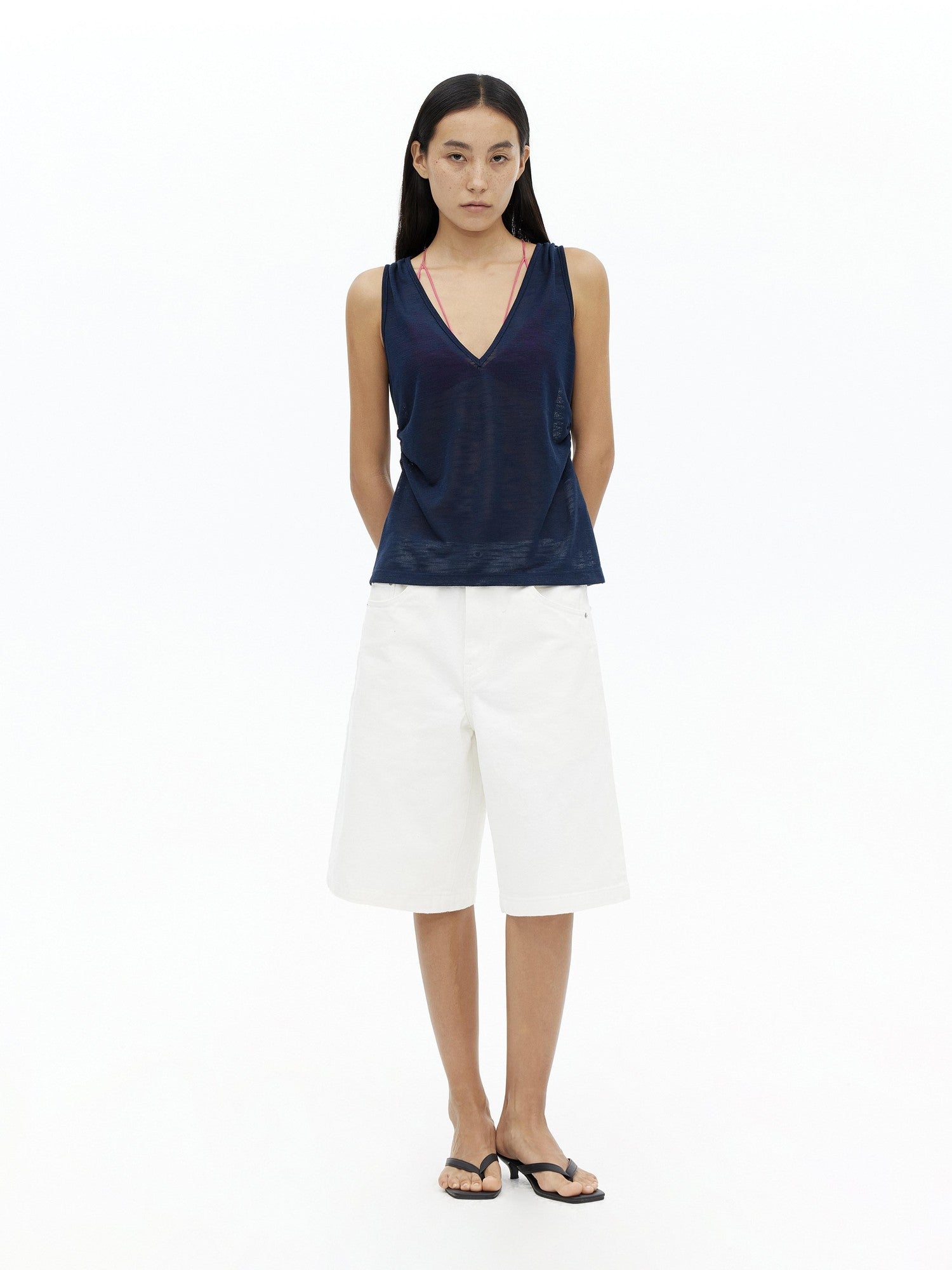 AFTADAWN Micro Sheer Hollow Knit Ruched Deep V Women&