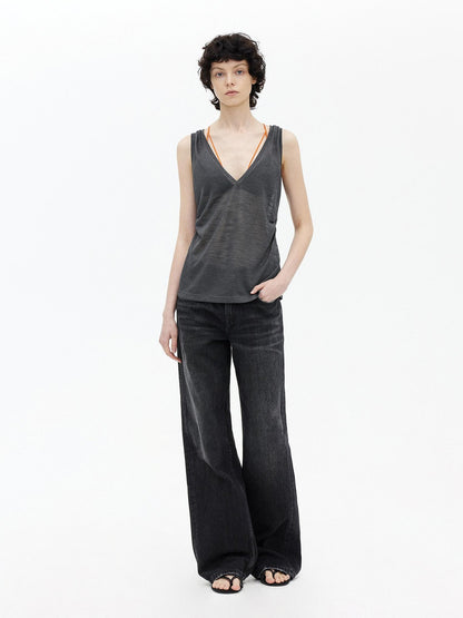 AFTADAWN Micro Sheer Hollow Knit Ruched Deep V Women&