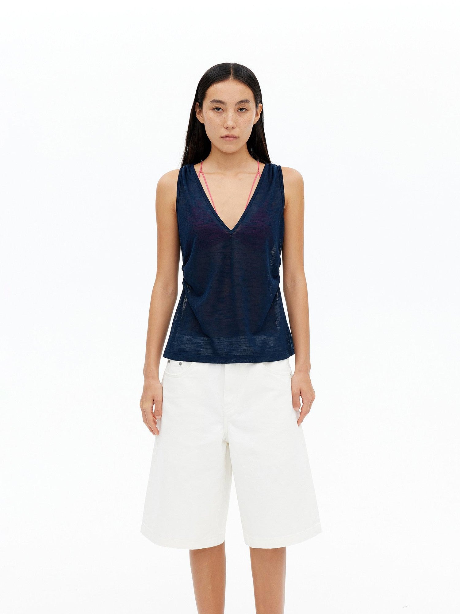 AFTADAWN Micro Sheer Hollow Knit Ruched Deep V Women&