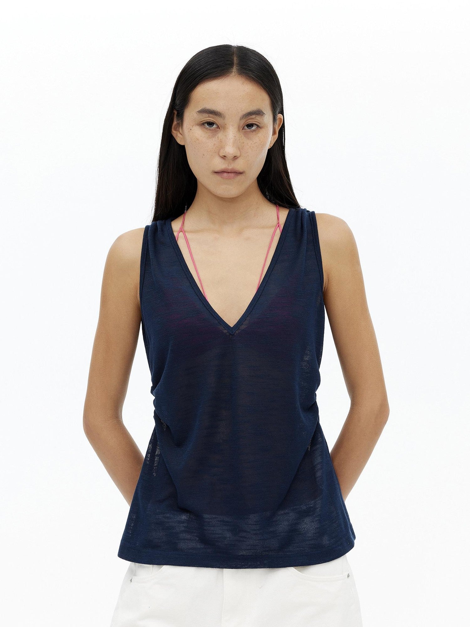 AFTADAWN Micro Sheer Hollow Knit Ruched Deep V Women&