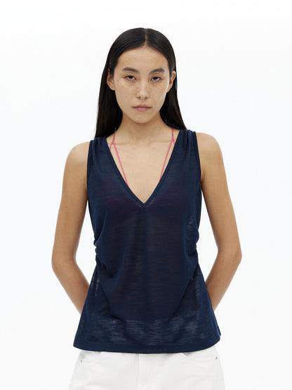 AFTADAWN Micro Sheer Hollow Knit Ruched Deep V Women&