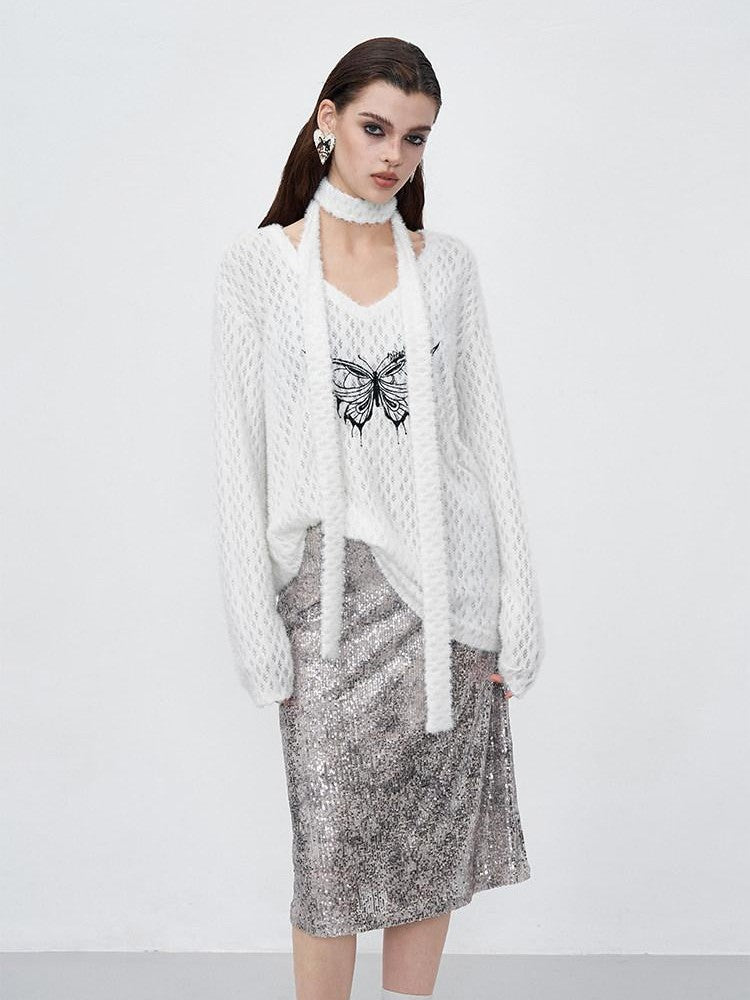 AFTADAWN Mink Fur Embroidered Butterfly Wing V-neck Women&