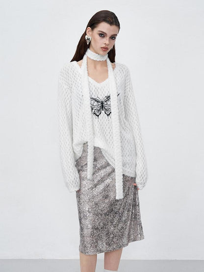 AFTADAWN Mink Fur Embroidered Butterfly Wing V-neck Women&