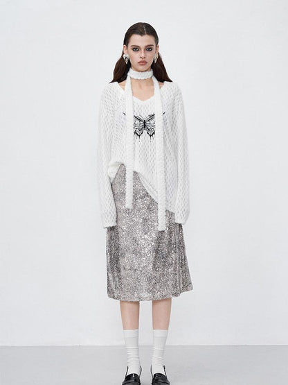 AFTADAWN Mink Fur Embroidered Butterfly Wing V-neck Women&