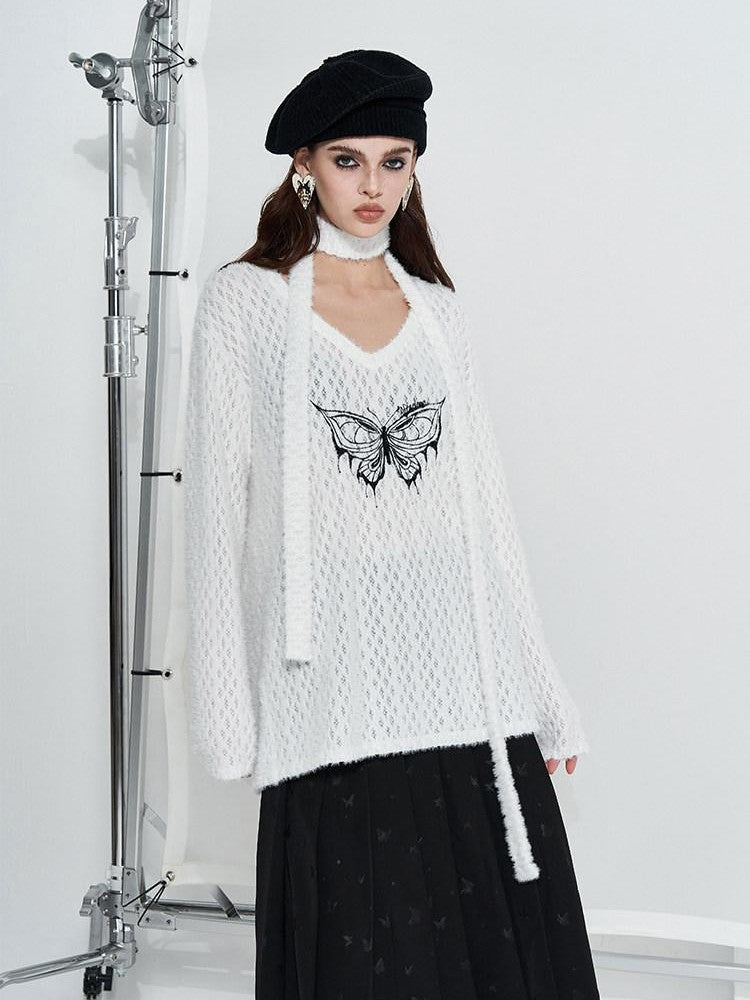AFTADAWN Mink Fur Embroidered Butterfly Wing V-neck Women&