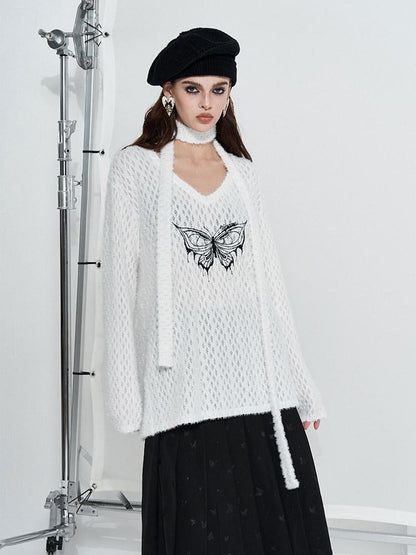 AFTADAWN Mink Fur Embroidered Butterfly Wing V-neck Women&