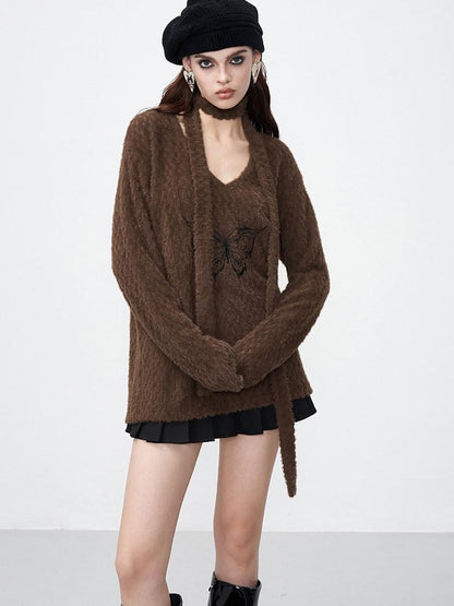 AFTADAWN Mink Fur Embroidered Butterfly Wing V-neck Women&