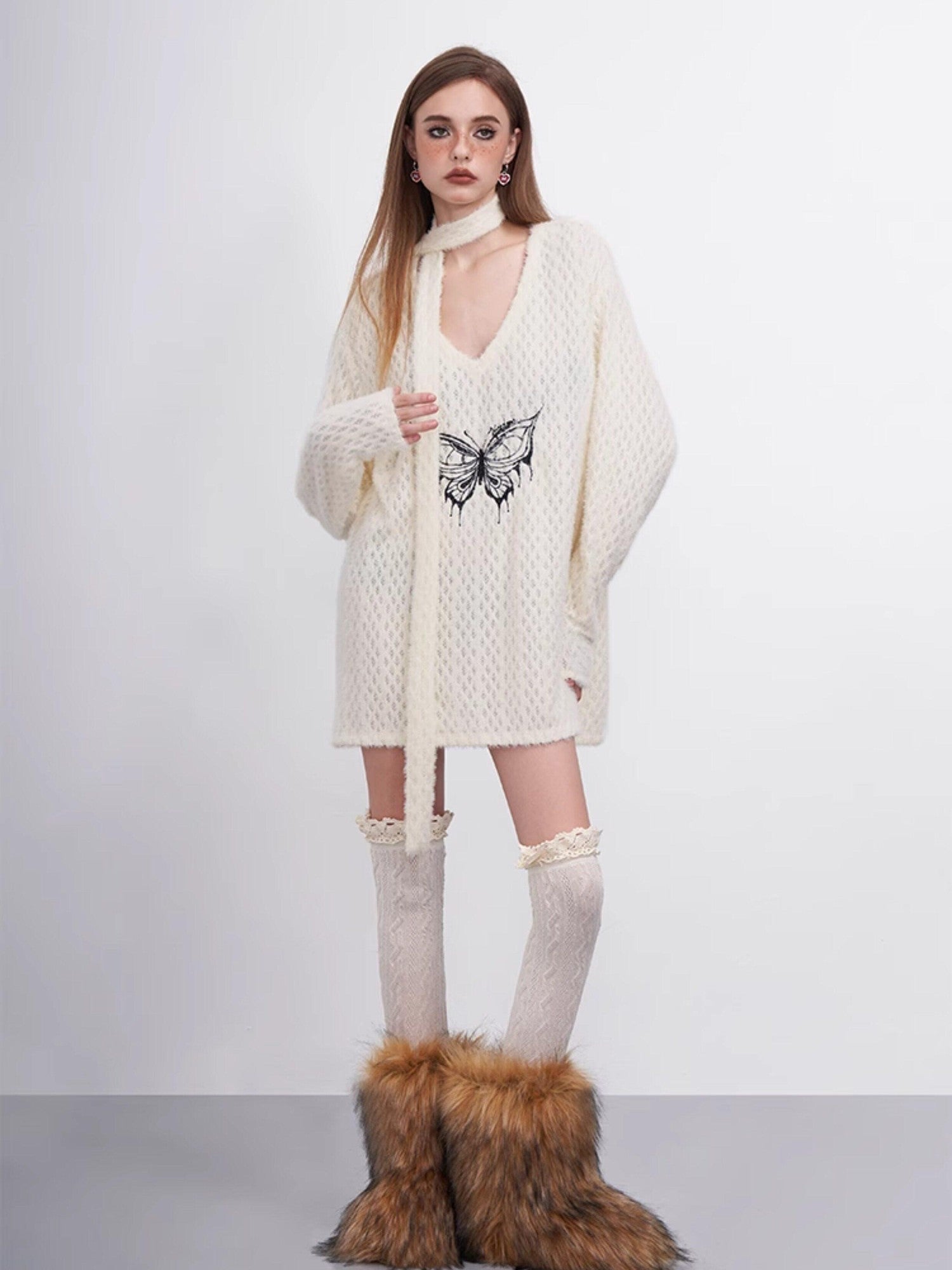AFTADAWN Mink Fur Embroidered Butterfly Wing V-neck Women&
