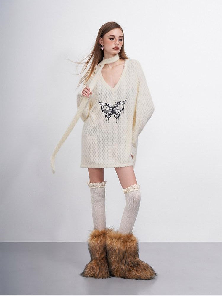 AFTADAWN Mink Fur Embroidered Butterfly Wing V-neck Women&