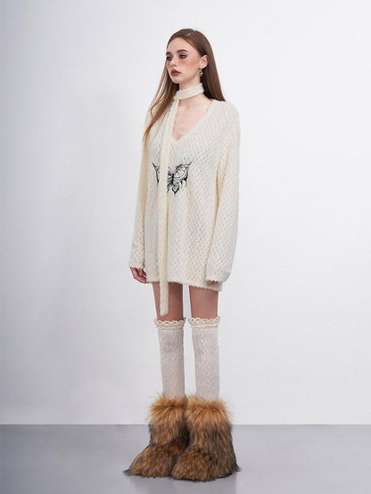 AFTADAWN Mink Fur Embroidered Butterfly Wing V-neck Women&
