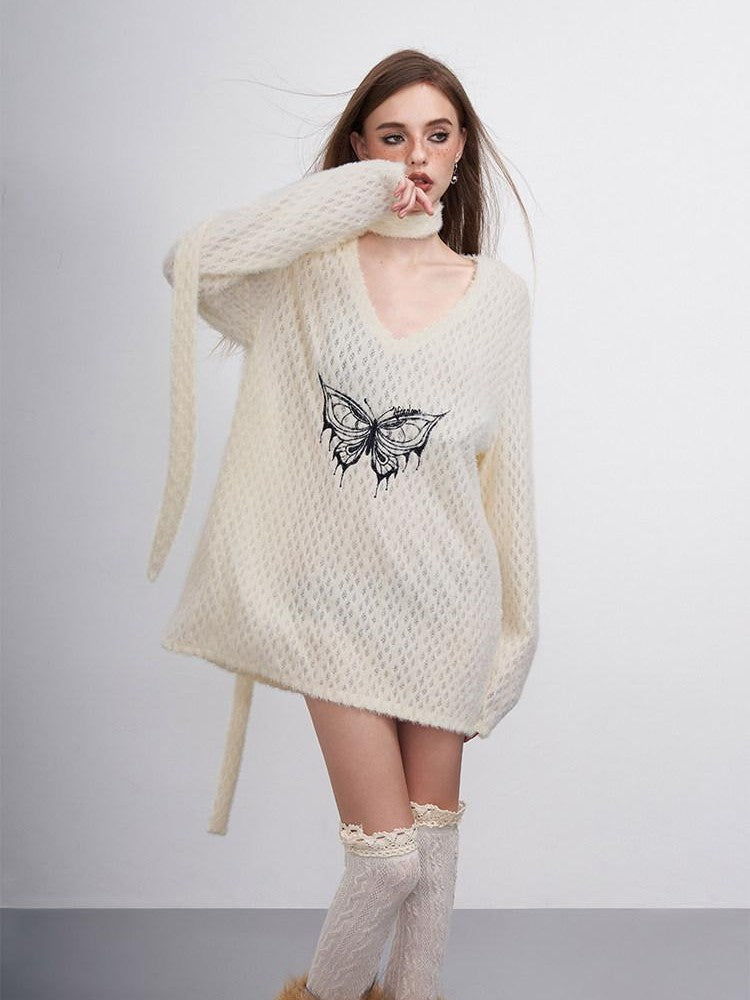 AFTADAWN Mink Fur Embroidered Butterfly Wing V-neck Women&